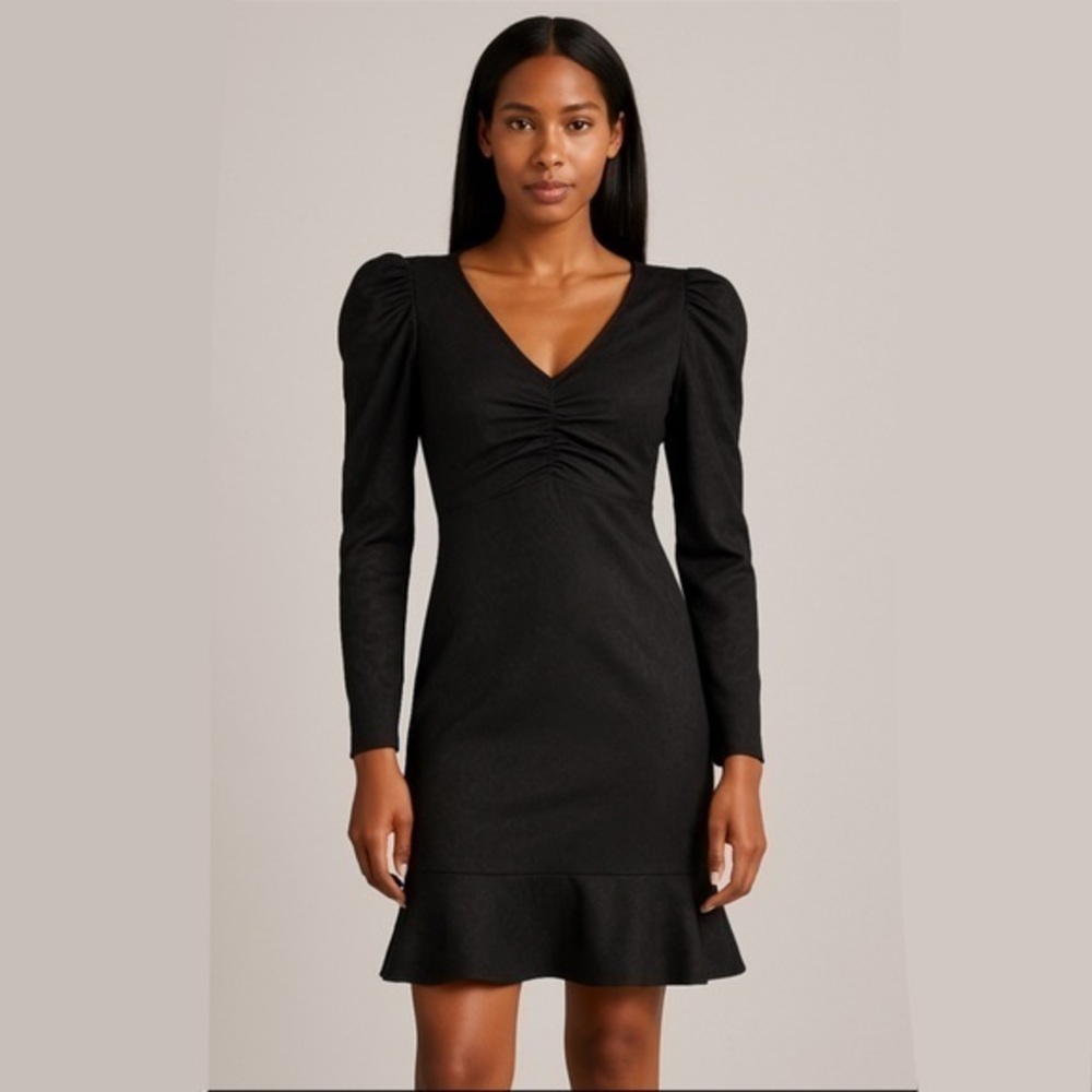 Chelsea28 Black Jacquard Puff-Sleeve Mini Cocktail Holiday Dress Small
